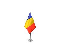 AZ FLAG Romania Prestige Table Flag 6'' x 9'' - Romanian Office Decoration 100% Satin 22 x 15 cm - Desk Flag with Steel Pole and Base