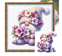 Azalea Gnome Stamped Cross Stitch Kits for Adults Beginners, 11CT Pre-Printed Embroidery Kit 40x40cm Full Coverage Purple Flower Gnome Needlepoint Counted Cross Stitch Kit Spring Home Wall Decor
