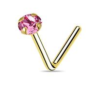 AZARIO LONDON 1.5mm Pink Crystal Gemstone 9K Solid Yellow Gold 24 Gauge (0.5mm) L Shaped Nose Stud- Tiny Nose Stud - 24 Gauge L Bend Nose Piercing Jewellery