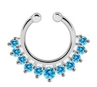 AZARIO LONDON 11 Aqumarine CZ Stones Paved 925 Sterling Silver Clip on Fake Septum Ring- Faux Septum Ring- Sterling Silver Non Piercing Septum Ring