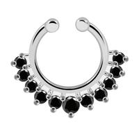 AZARIO LONDON 11 Black CZ Stones Paved 925 Sterling Silver Clip on Fake Septum Ring- Faux Septum Ring- Sterling Silver Non Piercing Septum Ring