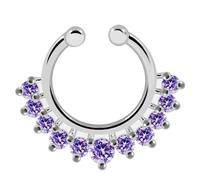 AZARIO LONDON 11 Lavender CZ Stones Paved 925 Sterling Silver Clip on Fake Septum Ring- Faux Septum Ring- Sterling Silver Non Piercing Septum Ring