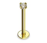 AZARIO LONDON 14K Solid Yellow Gold 16 Guage Hollow Internal Lip Labret with 2MM Clear Round CZ Stone Tragus Bar Piercing