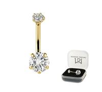 AZARIO LONDON 14K Solid Yellow Gold 6mm Round Cz Stone 14 Gauge - 10mm Length Internally Threaded 4mm Cz Stone Top Belly Bar - Navel Jewellery - Belly Button Ring Body Jewellery