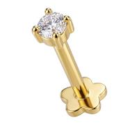 AZARIO LONDON 14K Solid Yellow Gold Brilliant Cut 2.5mm Round Cz Stone Top 16 Gauge Internally Threaded Flower Base Lip Labret - Cartilage, Helix, Tragus Body Piercings Jewellery