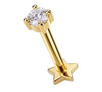 AZARIO LONDON 14K Solid Yellow Gold Brilliant Cut 2.5mm Round Cz Stone Top 16 Gauge Internally Threaded Star Base Lip Labret - Cartilage, Helix, Tragus Body Piercings Jewellery