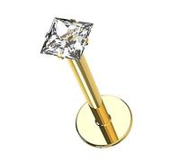 AZARIO LONDON 14K Solid Yellow Gold Claw Set 2MM Square CZ Stone Internal Threaded Top 16 Gauge - 10MM Length Hollow Lip Labret Tragus Bar Piercing Jewellery