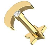AZARIO LONDON 14K Solid Yellow Gold Crescent with Cz Stone Internally Threaded Top 16 Gauge - 6mm Length Star Base Lip Labret - Tragus Bar Piercing - Conch, Helix Labret Stud - Tragus Earring