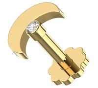 AZARIO LONDON 14K Solid Yellow Gold Crescent with Cz Stone Internally Threaded Top 16 Gauge - 6mm Length Flower Base Lip Labret - Tragus Bar Piercing - Conch, Helix Labret Stud - Tragus Earring