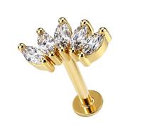 AZARIO LONDON 14K Solid Yellow Gold Five Marquise Cz Stones Crown Shape Top 16 Gauge Internally Threaded Round Base Lip Labret - Cartilage, Helix, Tragus Body Piercings Jewellery