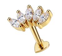 AZARIO LONDON 14K Solid Yellow Gold Five Marquise Cz Stones Crown Shape Top 16 Gauge Internally Threaded Heart Base Lip Labret - Cartilage, Helix, Tragus Body Piercings Jewellery