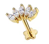 AZARIO LONDON 14K Solid Yellow Gold Five Marquise Cz Stones Crown Shape Top 16 Gauge Internally Threaded Flower Base Lip Labret - Cartilage, Helix, Tragus Body Piercings Jewellery