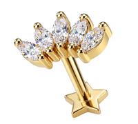 AZARIO LONDON 14K Solid Yellow Gold Five Marquise Cz Stones Crown Shape Top 16 Gauge Internally Threaded Star Base Lip Labret - Cartilage, Helix, Tragus Body Piercings Jewellery
