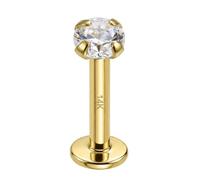 AZARIO LONDON 14K Solid Yellow Gold Prong Set 1.5mm Round Cz Stone Threadless Top 16 Gauge - 8mm Length Flat Back Lip Labret - Tragus Bar Piercing - Conch, Helix Labret Stud - Tragus Earring