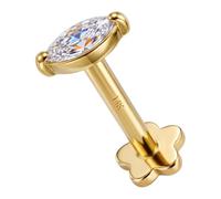 AZARIO LONDON 14K Solid Yellow Gold Prong Set 2mm x 4mm Cz Stone Top 16 Gauge Internally Threaded Flower Base Lip Labret - Cartilage, Helix, Tragus Body Piercings Jewellery