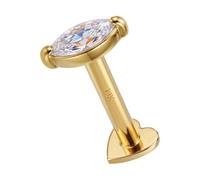 AZARIO LONDON 14K Solid Yellow Gold Prong Set 2mm x 4mm Cz Stone Top 16 Gauge Internally Threaded Heart Base Lip Labret - Cartilage, Helix, Tragus Body Piercings Jewellery