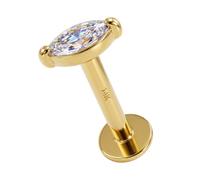 AZARIO LONDON 14K Solid Yellow Gold Prong Set 2mm x 4mm Cz Stone Top 16 Gauge Internally Threaded Round Base Lip Labret - Cartilage, Helix, Tragus Body Piercings Jewellery