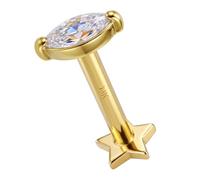 AZARIO LONDON 14K Solid Yellow Gold Prong Set 2mm x 4mm Cz Stone Top 16 Gauge Internally Threaded Star Base Lip Labret - Cartilage, Helix, Tragus Body Piercings Jewellery