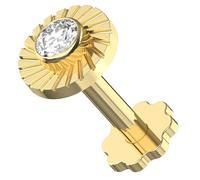 AZARIO LONDON 14K Solid Yellow Gold Swirling Round with Cz Stone Internally Threaded Top 16 Gauge - 8mm Length Flower Base Lip Labret - Tragus Bar Piercing - Conch, Helix Labret Stud - Tragus Earring