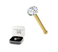 AZARIO LONDON 14K Yellow Gold Claw Set 2MM Clear Round Crystal Stone 22 Gauge Nose Bone Nose Stud Piercing