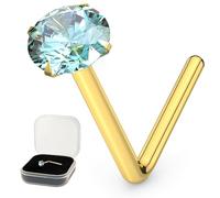 AZARIO LONDON 2.0mm Aquamarine Crystal Gemstone 9K Solid Yellow Gold 24 Gauge (0.5mm) L Shaped Nose Stud- Tiny Nose Stud - 24 Gauge L Bend Nose Piercing Jewellery