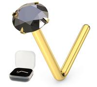 AZARIO LONDON 2.0mm Black Crystal Gemstone 9K Solid Yellow Gold 24 Gauge (0.5mm) L Shaped Nose Stud- Tiny Nose Stud - 24 Gauge L Bend Nose Piercing Jewellery