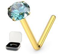 AZARIO LONDON 2.0mm Blue Zircon Crystal Gemstone 9K Solid Yellow Gold 24 Gauge (0.5mm) L Shaped Nose Stud- Tiny Nose Stud - 24 Gauge L Bend Nose Piercing Jewellery