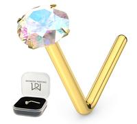 AZARIO LONDON 2.5mm Aurora Borealis Crystal Gemstone 9K Solid Yellow Gold 24 Gauge (0.5mm) L Shaped Nose Stud- Tiny Nose Stud - 24 Gauge L Bend Nose Piercing Jewellery