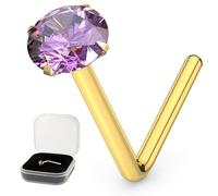 AZARIO LONDON 2.5mm Purple Crystal Gemstone 9K Solid Yellow Gold 24 Gauge (0.5mm) L Shaped Nose Stud- Tiny Nose Stud - 24 Gauge L Bend Nose Piercing Jewellery