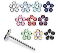 AZARIO LONDON 20 Pieces Box Set of 22 Gauge 925 Sterling Silver Multi Crystal Stone Flower Straight End Nose Pin Nose Stud Piercing Jewellery