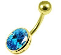 AZARIO LONDON 3 Micron 18K Gold Plated Light Blue Crystal Stones Single Oval Shaped Sterling Silver Belly Bars Piercing