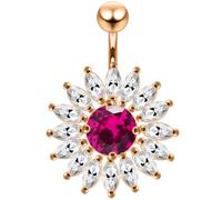 AZARIO LONDON 3 Micron 18K Rose Gold Plated Red Cz Stones Studded Sunflower Sterling Silver Belly Bar - Navel Jewellery - Belly Button Ring Body Jewellery