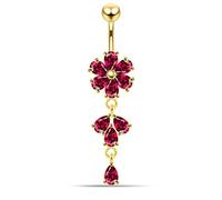 AZARIO LONDON 3 Micron 18K Yellow Gold Plated Red Flower with Leaf Dangling Design Sterling Silver Belly Bars Piercing