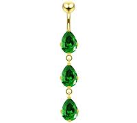 AZARIO LONDON 3 Micron 18K Yellow Gold Plated Tri Teardrop Dark Green Cz Stones Dangling Sterling Silver Belly Bar - Navel Jewellery - Belly Button Ring Body Jewellery
