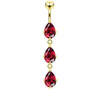 AZARIO LONDON 3 Micron 18K Yellow Gold Plated Tri Teardrop Red Cz Stones Dangling Sterling Silver Belly Bar - Navel Jewellery - Belly Button Ring Body Jewellery