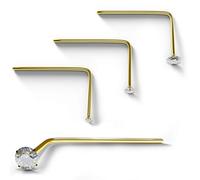 AZARIO LONDON 3 Piece Box Set of 9K Solid Yellow Gold Claw Set CZ Crystal Stone 22 Gauge L Shape Nose Stud Piercing