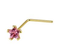 AZARIO LONDON 3MM Pink CZ Stone 9K Solid Yellow Gold 22 Gauge L Bend Nose Stud Piercing Jewellery