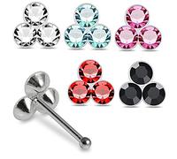 AZARIO LONDON 5 Pieces Pack Tri Crystal Stone Flower Top 22 Gauge 925 Sterling Silver Nose Bone Stud Piercing Jewellery