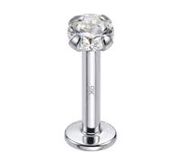 AZARIO LONDON 9K Solid White Gold Prong Set 3mm Round Cz Stone Threadless Top 16 Gauge - 6mm Length Flat Back Lip Labret - Tragus Bar Piercing - Conch, Helix Labret Stud - Tragus Earring