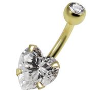 AZARIO LONDON 9K Solid Yellow Gold 8mm Heart Cz Stone 14 Gauge Internally Threaded Stone Ball Top Belly Bar - Navel Jewellery - Belly Button Ring Body Jewellery