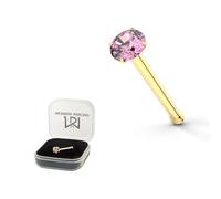 AZARIO LONDON 9K Solid Yellow Gold Claw Set 1.5mm Pink Round Cubic Zirconia 22 Gauge Nose Bone Nose Stud Piercing Jewellery