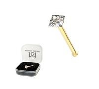 AZARIO LONDON 9K Solid Yellow Gold Claw Set 1.5MM Square CZ Stone 22 Gauge Nose Bone Nose Stud Piercing