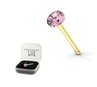 AZARIO LONDON 9K Solid Yellow Gold Claw Set 2.0mm Pink Round Cubic Zirconia 22 Gauge Nose Bone Nose Stud Piercing Jewellery