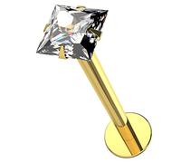 AZARIO LONDON 9K Solid Yellow Gold Claw Set 3MM Square CZ Stone Push Fit Top 16 Gauge Hollow Lip Labret Tragus Bar Piercing Jewellery