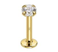 AZARIO LONDON 9K Solid Yellow Gold Prong Set 3mm Round Cz Stone Threadless Top 16 Gauge - 8mm Length Flat Back Lip Labret - Tragus Bar Piercing - Conch, Helix Labret Stud - Tragus Earring