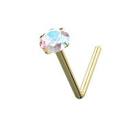 AZARIO LONDON 9K Yellow Gold Claw Set 1.5MM Rainbow Round Crystal Stone 22 Gauge L Bend Nose Stud Piercing