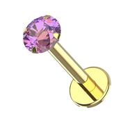AZARIO LONDON Amethyst Natural Gemstone Internally Threaded Top 14K Solid Yellow Gold 16 Gauge - 8mm Length Lip Labret - Tragus, Cartilage Piercing Jewellery
