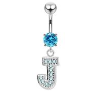 AZARIO LONDON Aqua CZ Stone J Alphabet Dangling Silver Belly Bar - Steel & Silver Navel Jewelry- Navel Ring Dangle- Belly Button Rings- 14G Curved Barbell