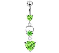 AZARIO London Belly Bar Light Green CZ Stone Triple Heart Dangling 925 Sterling Silver Jewellery