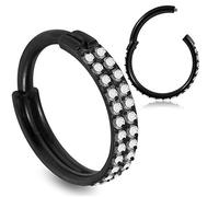 AZARIO LONDON Black Anodized 16 Gauge (1.2MM) - 12MM Diameter Double Line Cz Stone 316L Surgical Steel Hinged Clicker Segment Ring Ear Septum Tragus Helix Piercing Jewellery